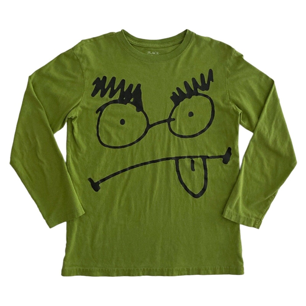 Place T-Shirt Boys Large 10/12‎ Long Sleeve Tee Green Funny Face Monster Drawing